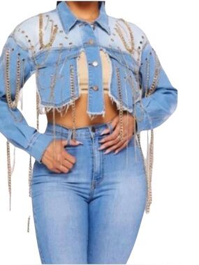 Cropped Light Blue Denim Jacket with Gold Chain Fringe